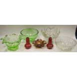 A pair of Art Nouveau Loetz style bottle vases, silver collars; a Carnival glass bowl,
