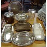 Metalware - a silver plated handled basket; a cut glass and plated biscuit barrel;