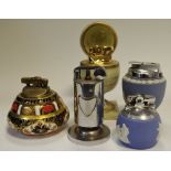 A Royal Crown Derby 1128 Imari table lighter; a Wedgwood Jasperware table lighter; another similar;