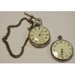 A silver cased pocket watch; a silver Albert chain (27g); another pocket watch.