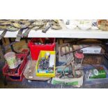 A military metal storage box, drills, tilley style lamp, oil cans, inspection trolley,