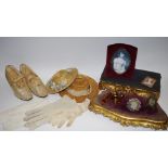 Dolls House Furniture and Dolls clothing; satin shoes; ladies gloves; clock stands; miniature;
