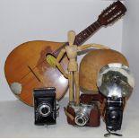 Boxes & objects - a Mandolin; a pine milliners head; a pine artists articulated mannequin;