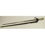 A Late 19th century French Lebel bayonet, cross section blade, faint marks, with sheath,