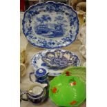 A large Staffordshire shaped oval blue and white English Garden meat plate; another,