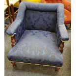 A child's armchair, high back, outswept arms, turned supports, stuffed overseat,