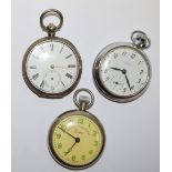 A continental silver open faced pocket watch, white enamel dial, black Roman numerals,