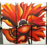 Wendy Carlton (contemporary School) a triptych panel poppy, oil on canvas, approx 3 ft square,