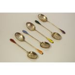 A set of six Art Deco silver and guilloché enamel teaspoons