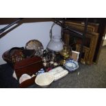 Metalware - a Victorian lantern with shade; three piece tea service;gallery tray;