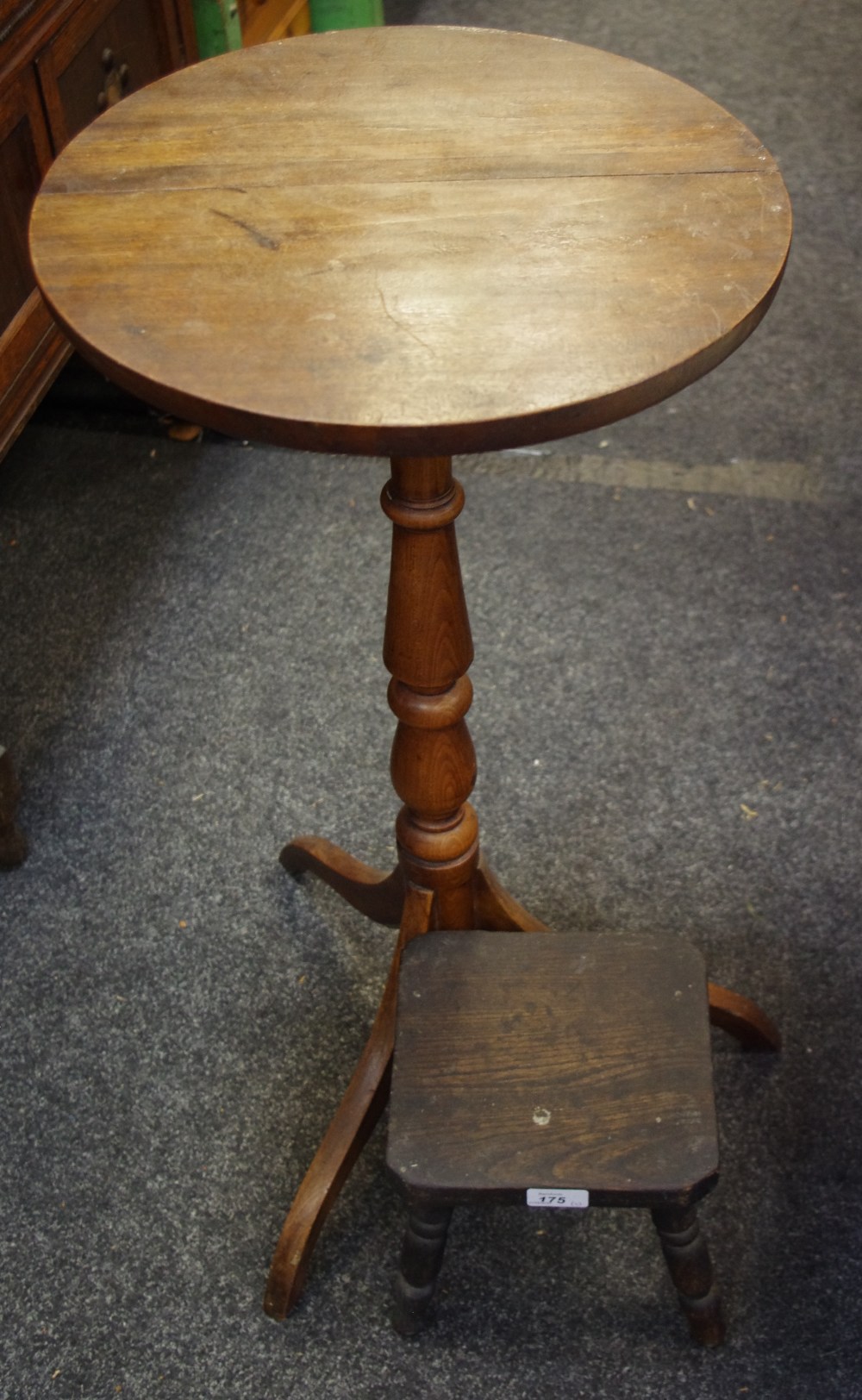 A mahogany tripod occasional table; an oak stool,