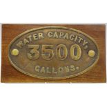 A Water Capacity 3500 Gallons tender plate,