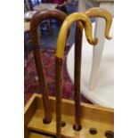 Walking sticks - A wooden curl crook; two other crooks.