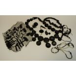 A Victorian Whitby jet necklace, other jet jewellery,