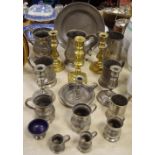 Metalware - Victorian pewter mugs; candlesticks; ejector candlesticks;