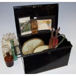 An early 20th century metal deeds box; 19th century photographs of York Castle; bellows;