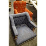 A bedroom/child's armchair, high back, outswept arms, turned supports, stuffed overseat,