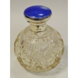 A George V silver and enamel mounted hobnail-cut globular scent bottle,