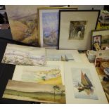 An interesting portfolio of 19th century and later watercolours and prints including an Umberto