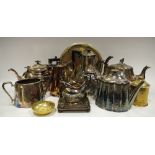 Plated Ware - a three piece EPNS tea and coffee service; other tea ware; a butter dish stand;