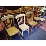 A beech fiddle back kitchen chair; an elm lath back kitchen chair; a spindle back chair;