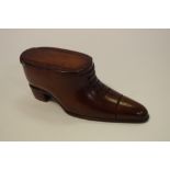 A mahogany novelty snuff box, as a shoe,