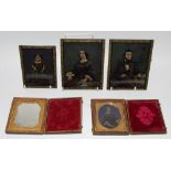 A 19th century daguerreotype depicting a 3/4 image of a lady in period dress, leather case,