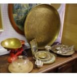 Metalware - a large eastern brass table top tray, Art Nouveau style mirror, Scales and weights,