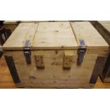 A pair of metal bound pine industrial storage boxes (metal swing handles for fitting). 40.