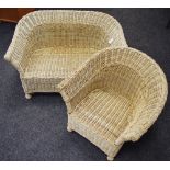 A children's wicker two seater sofa and conforming chair; a large wooden lamp base with shade;