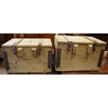 A pair of metal bound pine industrial storage boxes (metal swing handles for fitting). 40.
