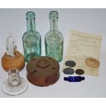 An early 20th century salt glazed Great Western Railway inkwell; L.N.E.R glass bottle, another N.E.