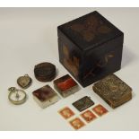 Bijouterie - an Edwardian silver envelope stamp box holding various penny reds; a love heart locket;