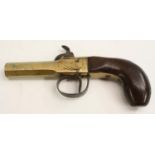 A 19th century brass percussion pocket pistol 5,5cm octagonal barrel, steel hammer,