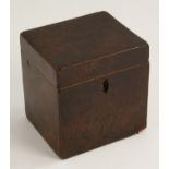 A George III burr yew cube tea caddy, hinged cover, outlined throughout with boxwood stringing,