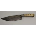 A Middle Eastern knife, 15cm broad blade damascened with a band of geometric lozenges,