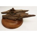 Decorative Salvage - a driftwood desk sculpture, with iron ring, turned yew base,