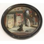 An early 20th century circular painting on glass, of monks praying in a crypt,