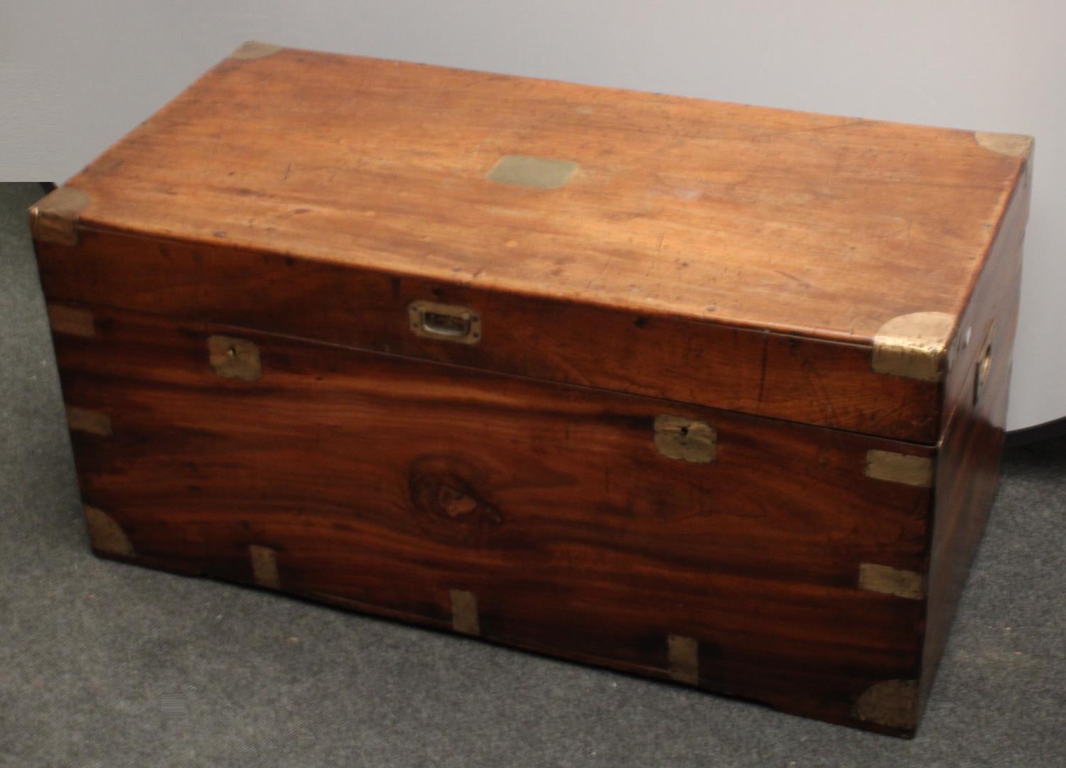 A 19th century brass bound camphor wood campaign chest, hinged cover,