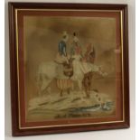 A 19th century Berlin woolwork picture, depicting two gentlemen on horseback, a dog at their side,