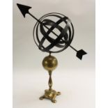 A brass and painted steel armillary sphere, the globular socle engraved with sun in splendour,