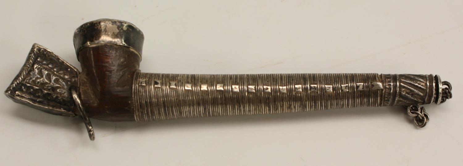 A 19th century Chinese silver coloured metal mounted hardwood opium pipe, 11.