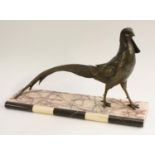 A large Art Deco bronze-patinated model of a pheasant, marble base,