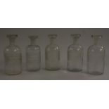 Medicine - a set of five clear glass chemist's pharmaceutical bottles, acid etched labels,