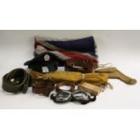Militaria - an RAF cap; an escape box kite; a Union flag; a sam browne belt;