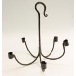 A primitive wrought iron five-branch socket candle or rush light ceiling chandelier, 38.