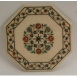 An Indian alabaster and specimen marquetry octagonal table top, inlaid with malachite, carnelian,