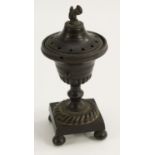 A Regency dark-patinated bronze Campana pedestal pastiller burner, squirrel finial,