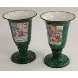 A pair of Chinese enamel trumpet shaped beakers, painted in polychrome with vignettes of figures,