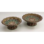 A graduated pair of Chinese stoneware lotus tazzas, painted in polychrome, 25.